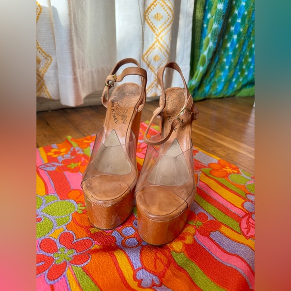 70s Vintage Wooden Wonder Wedge w Clear Vamp and Painted Details Sz 7 - Picture 10 of 13